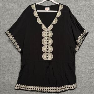 Stella & Dot Medium Embroidered Beach Cover Up Tunic Black Tie‎ Waist V Neck